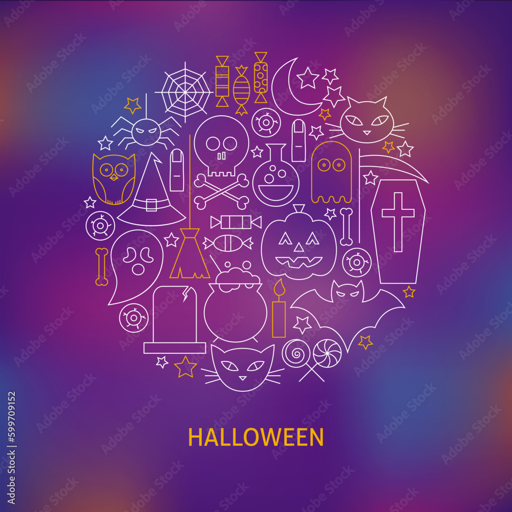 Thin Line Halloween Holiday Icons Set Circle Shaped Concept. Vector Illustration of Autumn Scary Holiday Objects over Blurred Blue Background. Sweets and Treats