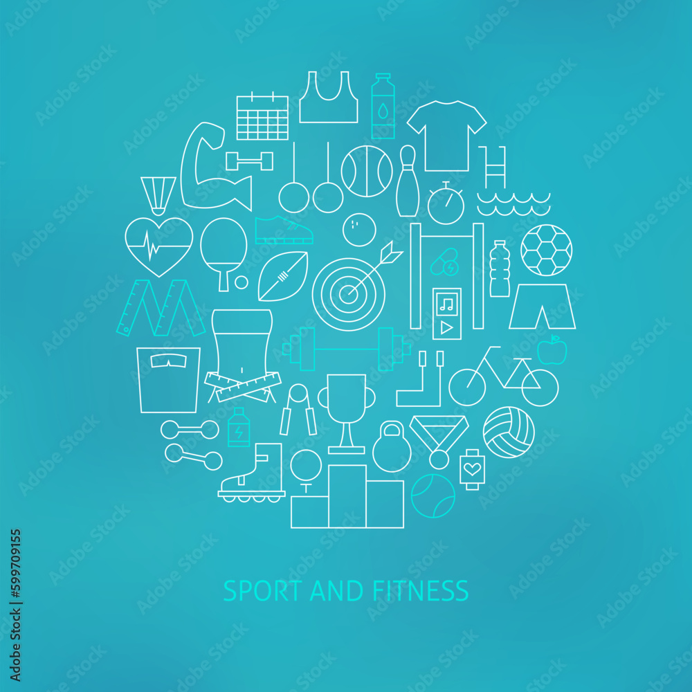 Thin Line Sport and Fitness Icons Set Circle Shaped Concept. Vector Illustration of Recreation and Exercises and Financial Objects over Blurred Blue Background Thin Line Sport and Fitness Icons Set Circle Shaped Concept. Vector Illustration of Recreation and Exercises and Financial Objects over Blurred Blue Background