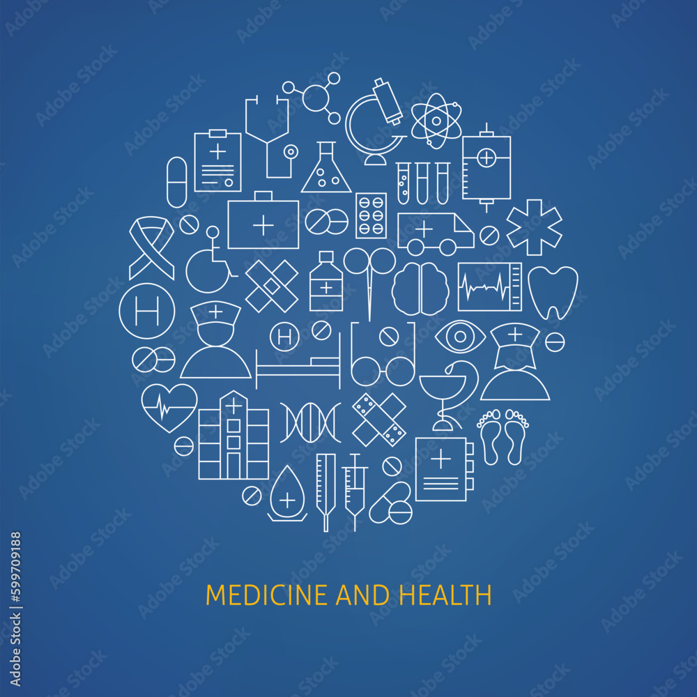 Thin Medical Line Health Care Icons Set Circle Shaped Concept. Vector Illustration of Medical Objects over Blue Background