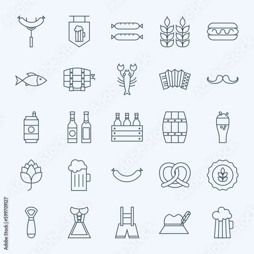 Line Holiday Oktoberfest and Beer Icons Bundle. Vector Set of 25 October Holiday Modern Line Icons for Web and Mobile. Beer and Alcohol Icons Collection