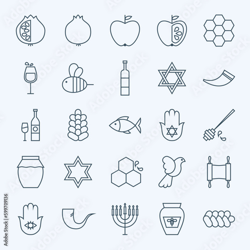 Line Holiday Rosh Hashanah Icons Set. Vector Set of 25 Jewish New Year Holiday Modern Line Icons for Web and Mobile. Israel Judaism Icons Collection