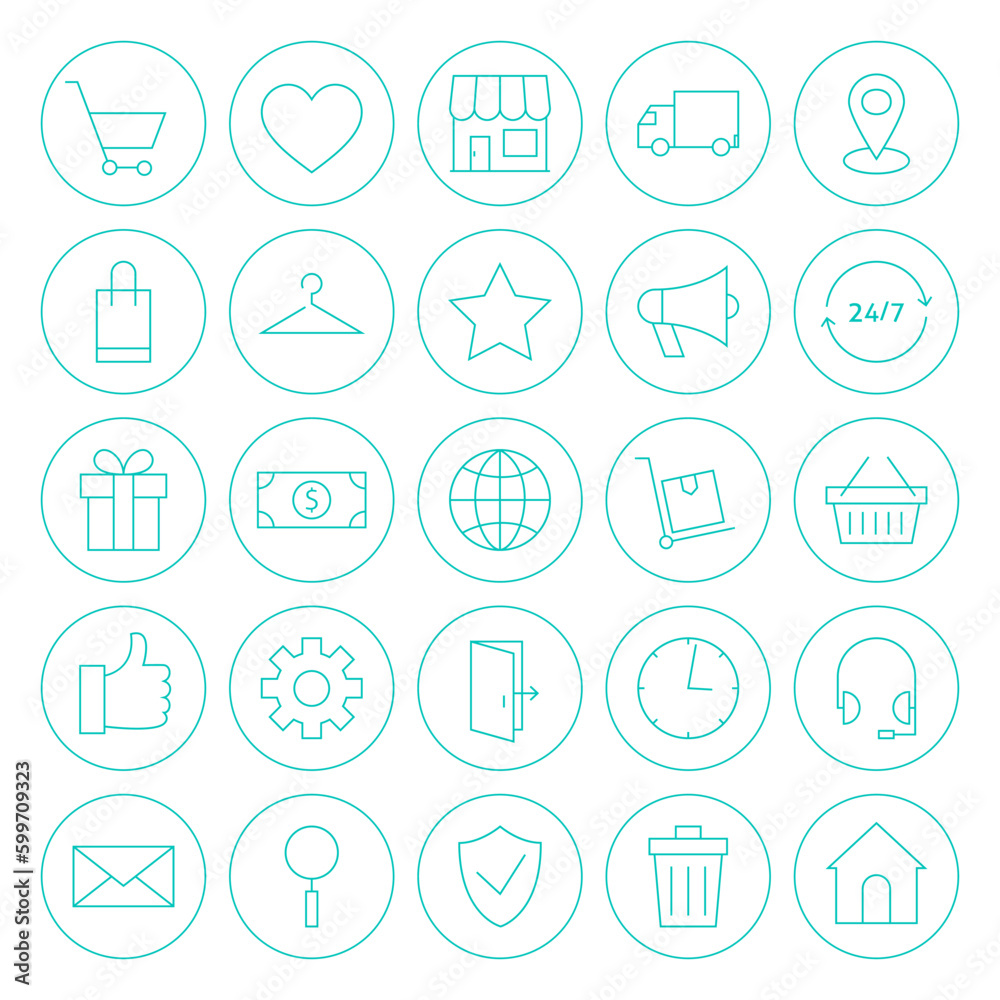 Line Circle Online Shopping E-commerce Website Icons Set. Vector Set of Store Market Service Modern Thin Line Icons for Web and Mobile Circle Shaped over White Background Line Circle Online Shopping E-commerce Website Icons Set. Vector Set of Store Market Service Modern Thin Line Icons for Web and Mobile Circle Shaped over White Background