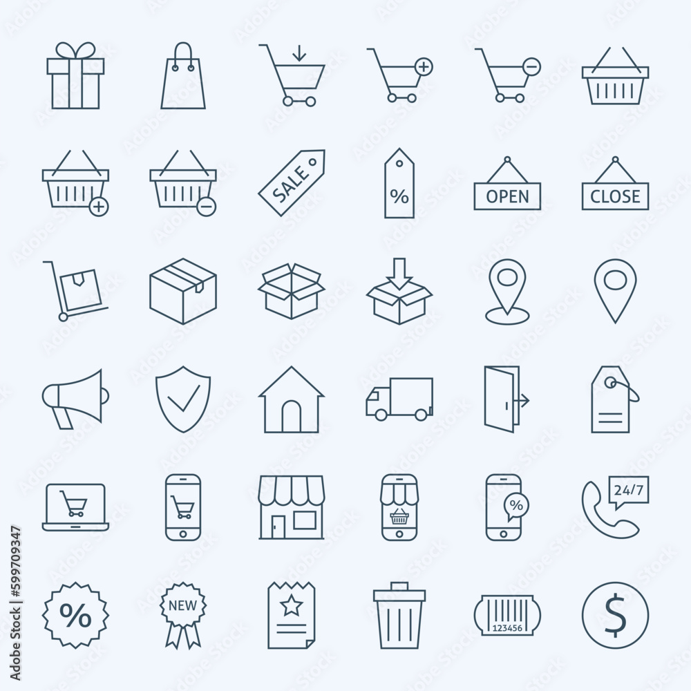 Line Shopping and E-commerce Icons Set. Vector Set of 36 Online Shopping Modern Line Icons for Web and Mobile
