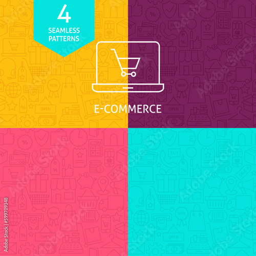 Thin Line Art Business E-Commerce and Finance Pattern Set. Four Vector Online Shopping and Money Design and Seamless Background in Trendy Modern Line Style.