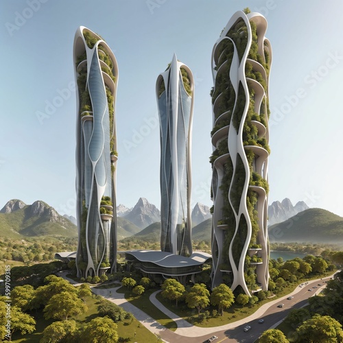 Landscape of a sci-fi futuristic skyscraper village masterplan in nature, surrounded by lush broadleaf vegetation - Generative AI Illustration © Starstruck