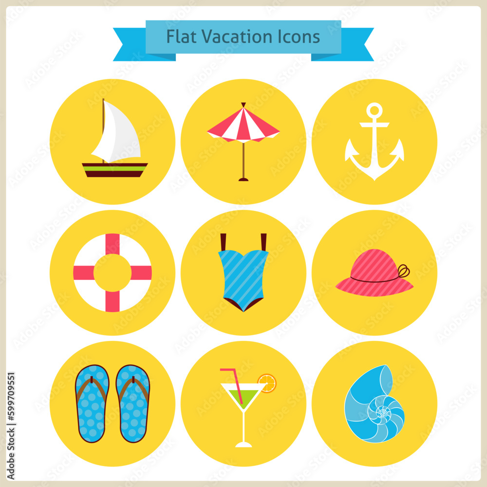 Flat Summer Holidays and Resort Icons Set. Summer Vacation. Vector Illustration. Collection of Tropical Beach Resort Colorful Circle Icons. Sea Marine Concept Flat Summer Holidays and Resort Icons Set. Summer Vacation. Vector Illustration. Collection of Tropical Beach Resort Colorful Circle Icons. Sea Marine Concept