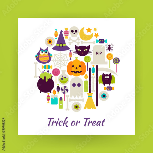 Flat Style Circle Vector Set of Halloween Holidays Trick or Treat Objects over white Paper. Collection of Witch and Magic Items Isolated over white. Design Elements over Paper Template