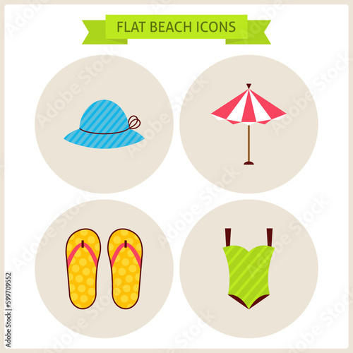 Flat Summer Beach Website Icons Set. Vector Illustration. Flat Circle Icons for web. Summer Holidays and Resort. Summer Vacation. Collection of Tropical Resort Colorful Circle Icons. Sea Marine Concep