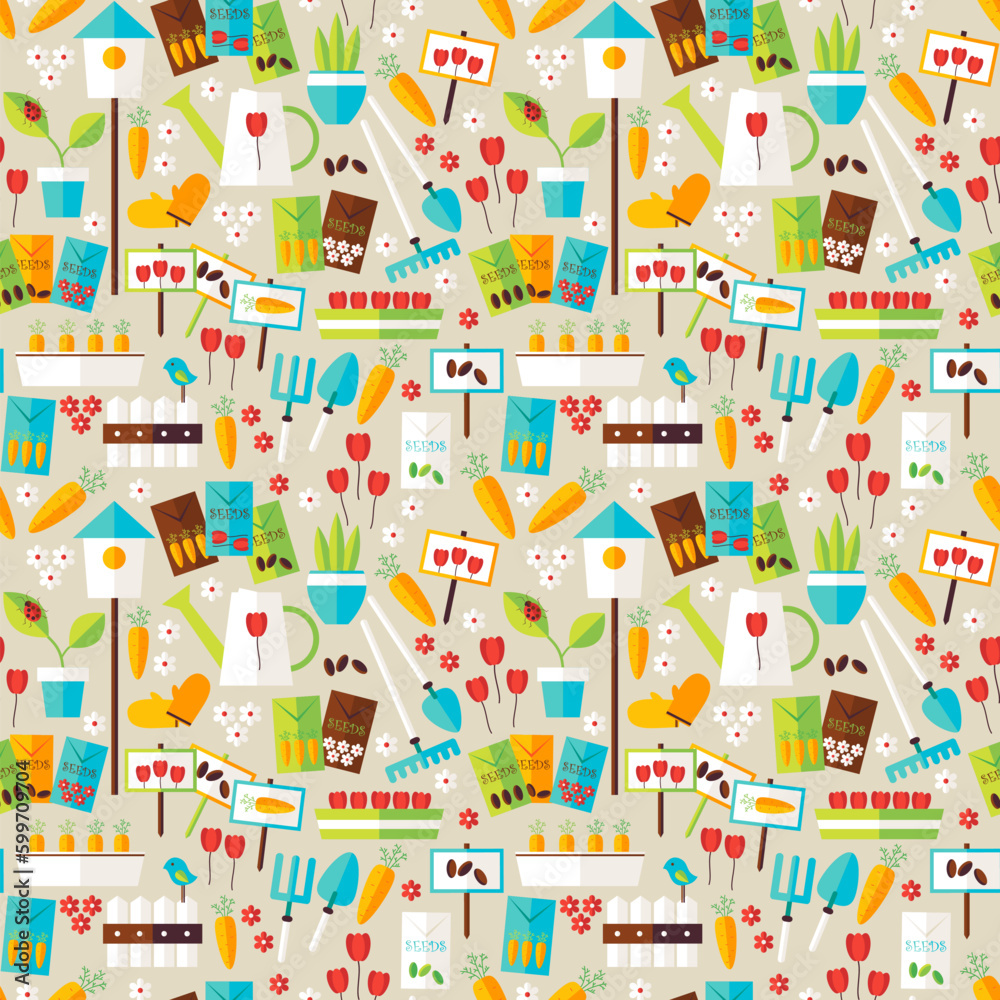 Flat Design Gardening Nature Flower and Environment Seamless Pattern. Spring Season Garden Equipment Flat Design Vector Illustration. Background. Set of Plants and Flowers Items Flat Design Gardening Nature Flower and Environment Seamless Pattern. Spring Season Garden Equipment Flat Design Vector Illustration. Background. Set of Plants and Flowers Items