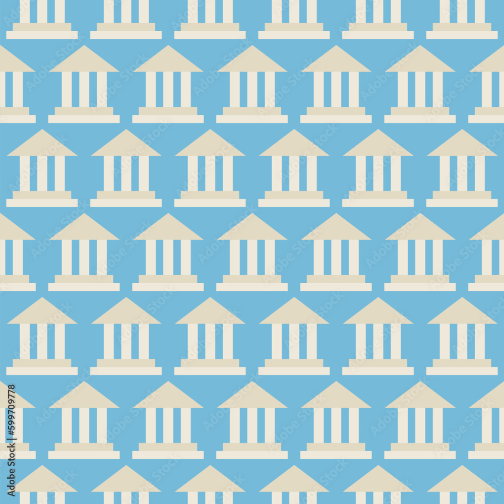 Flat Vector Seamless Pattern Government School Bank Building. Flat Style Vector Seamless Texture Background. Business Office and Education Template. Back to School. Architecture Building