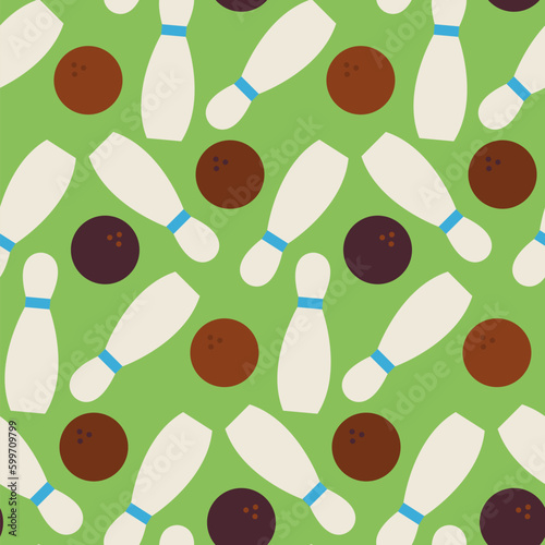 Flat Vector Seamless Sport and Recreation Pattern Bowling. Flat Style Seamless Texture Background. Sports and Playing Game Template. Healthy Lifestyle. Skittle and Ball