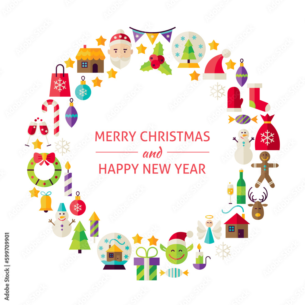 Christmas New Year Flat Design Icons Circle Set isolated over White. Vector Illustration of Decoration and Festival Cold Celebration Objects. Winter Holiday Items. Christmas New Year Flat Design Icons Circle Set isolated over White. Vector Illustration of Decoration and Festival Cold Celebration Objects. Winter Holiday Items.