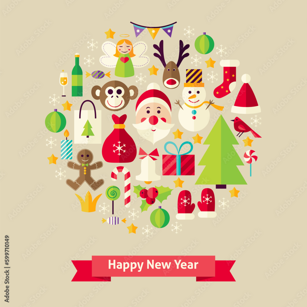 Happy New Year Objects Concept. Flat Design Vector Illustration. Collection of Winter Holiday Colorful Objects. Set of Merry Christmas Items.
