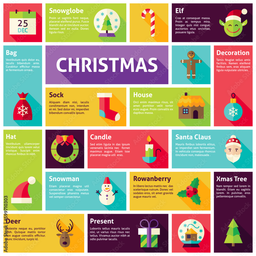 Flat Design Vector Icons Infographic Merry Christmas Concept. Design elements for mobile and web applications with long shadow. Happy New Year winter holiday.