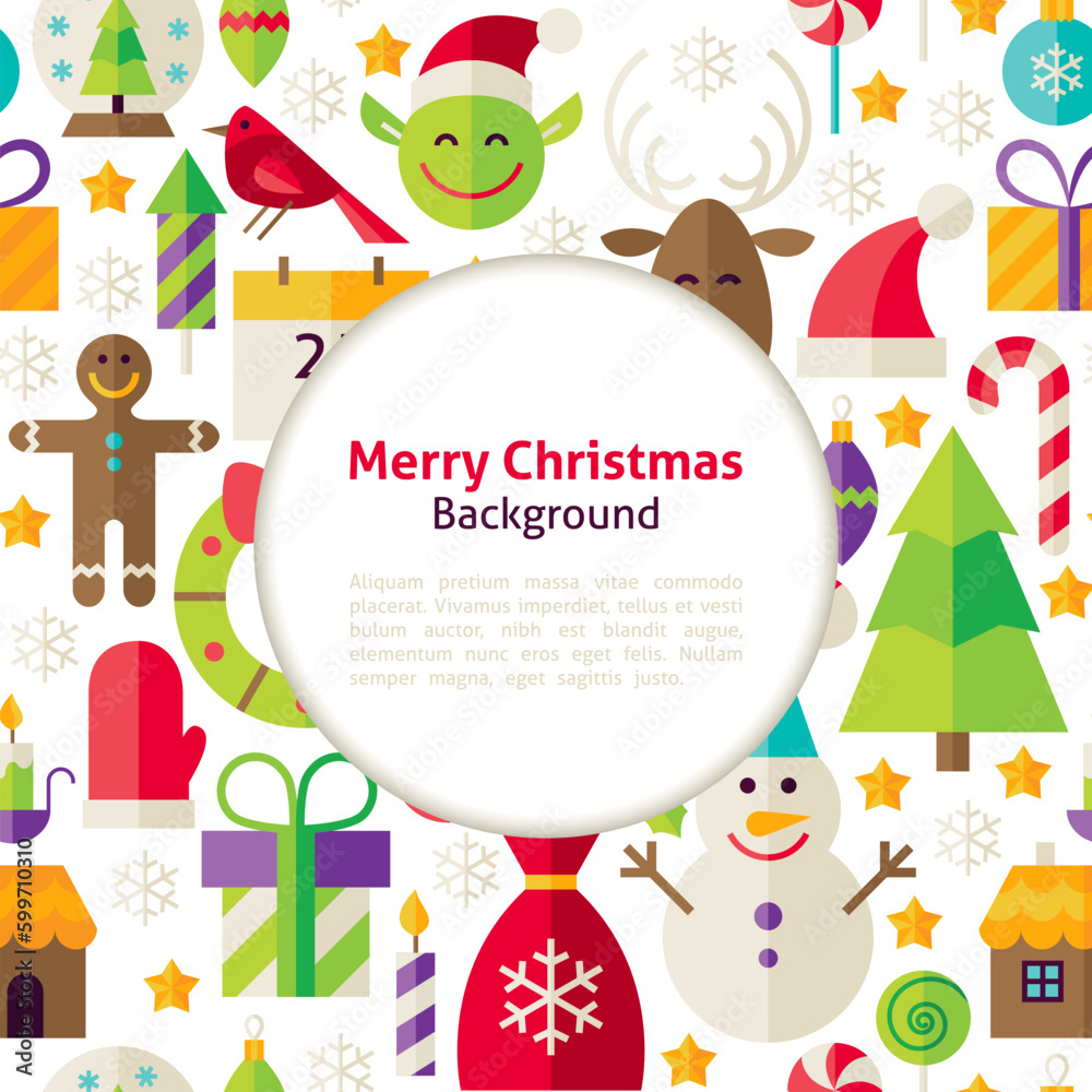 Merry Christmas Background. Flat Style Vector Illustration for Happy New Year Promotion Template. Colorful Objects for Advertising. Corporate Identity with Text. Merry Christmas Background. Flat Style Vector Illustration for Happy New Year Promotion Template. Colorful Objects for Advertising. Corporate Identity with Text.