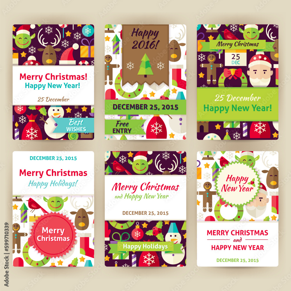 Merry Christmas Invitation Template Set. Flat Design Vector Illustration of Brand Identity for Winter Holiday Promotion. Happy New Year Colorful Pattern for Advertising.