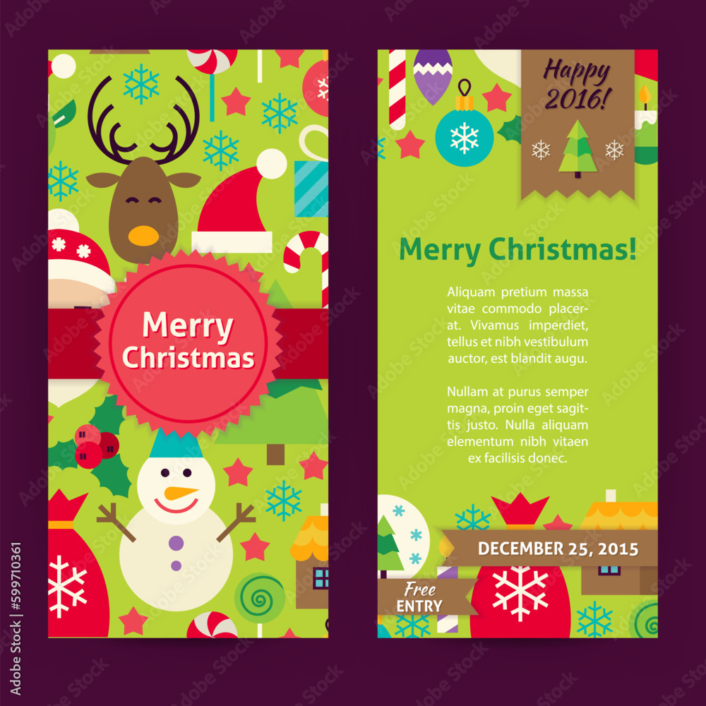 Flyer Template of Merry Christmas Objects and Elements. Flat Style Design Vector Illustration of Brand Identity for Happy New Year Promotion. Colorful Pattern for Advertising. Flyer Template of Merry Christmas Objects and Elements. Flat Style Design Vector Illustration of Brand Identity for Happy New Year Promotion. Colorful Pattern for Advertising.