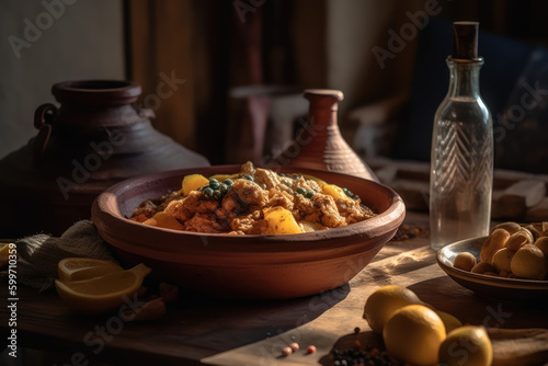Flavors of Morocco: Indulge in the Authenticity of a Traditional Tagine Dish with Chicken, Preserved Lemons, and Olives. AI Generative photo