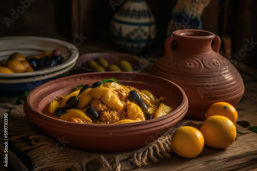 Flavors of Morocco: Indulge in the Authenticity of a Traditional Tagine Dish with Chicken, Preserved Lemons, and Olives. AI Generative