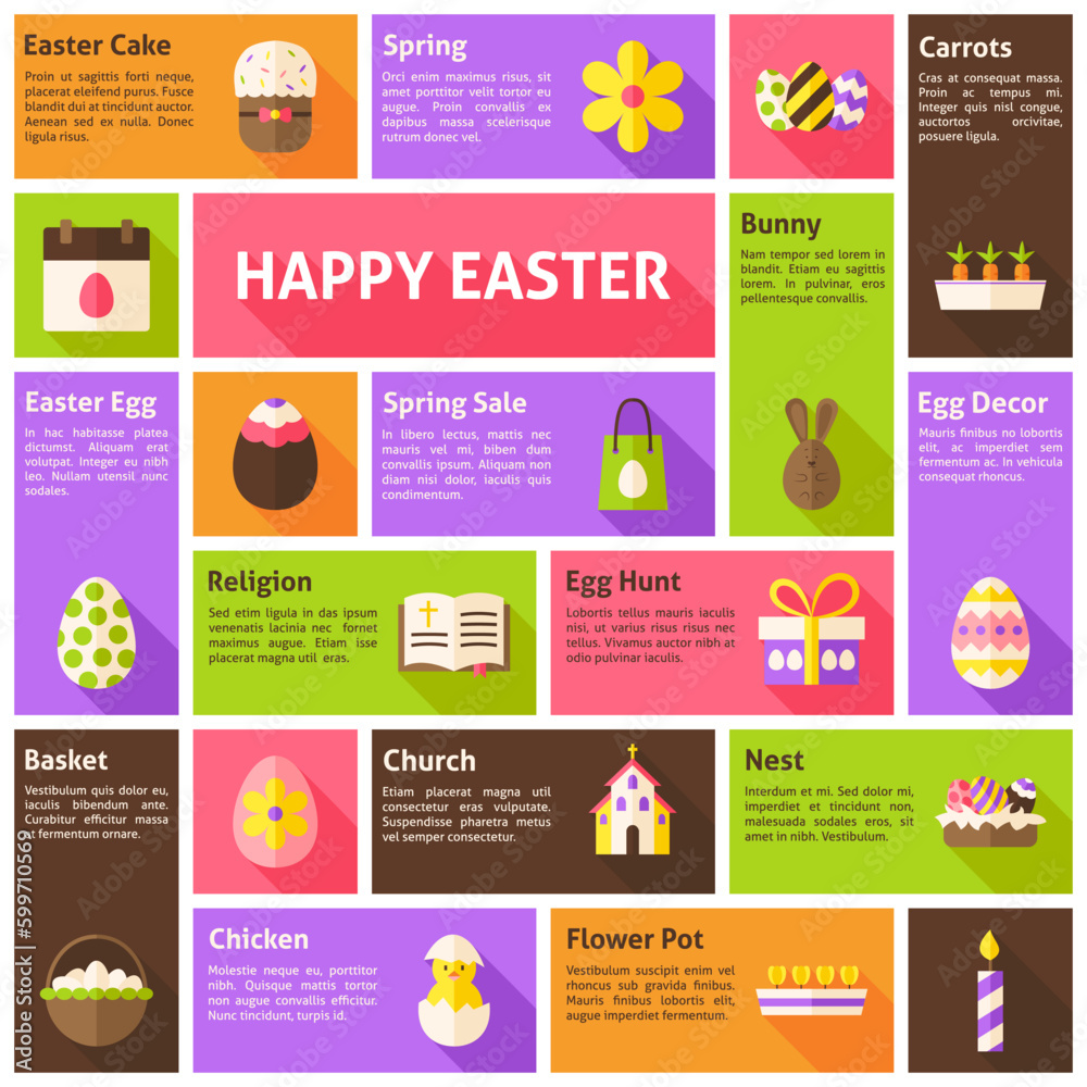 Flat Vector Icons Infographic Happy Easter Concept. Design elements for mobile and web applications with long shadow. Spring Christian Religious holiday.