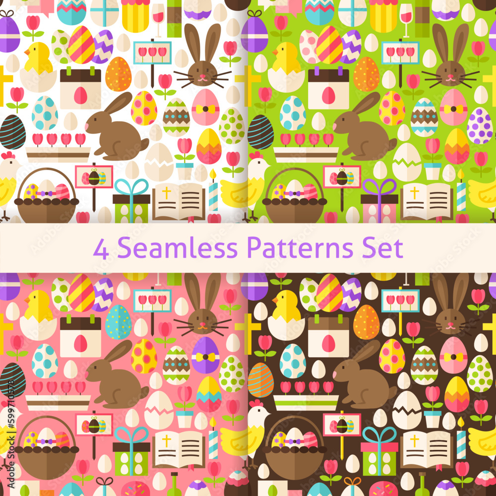 Four Happy Easter Holiday Seamless Patterns Set. Flat Design Vector Illustration. Tile Background. Set of Spring Christian Religion Items. Four Happy Easter Holiday Seamless Patterns Set. Flat Design Vector Illustration. Tile Background. Set of Spring Christian Religion Items.