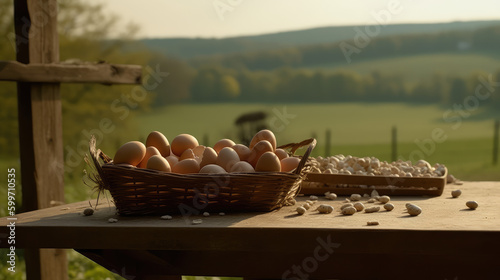 Farm Fresh Delights. Rustic Wooden Table with a Basket of Fresh Brown Eggs, Set against a Countryside Field. Rural Charm AI Generative. 
