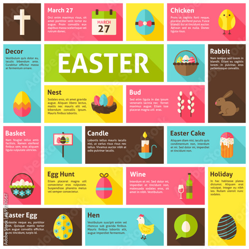 Flat Vector Icons Infographic Easter Concept. Design elements for mobile and web applications with long shadow. Spring Christian Religious holiday.