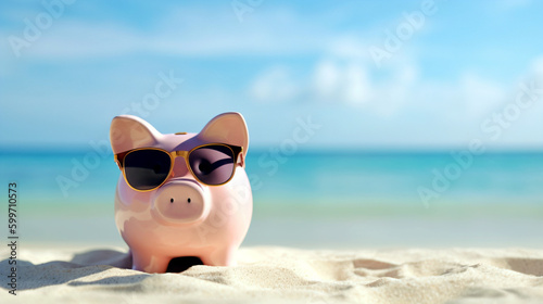 piggy bank and coins on beach © Multiverso Design