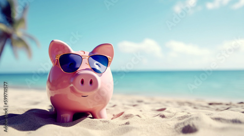 piggy bank and coins on beach © Multiverso Design