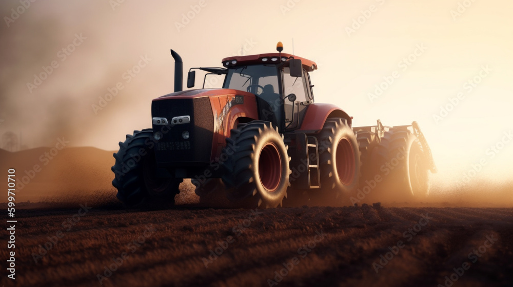 Naklejka premium Tractor drives across large field making special beds for sowing seeds. Generative AI