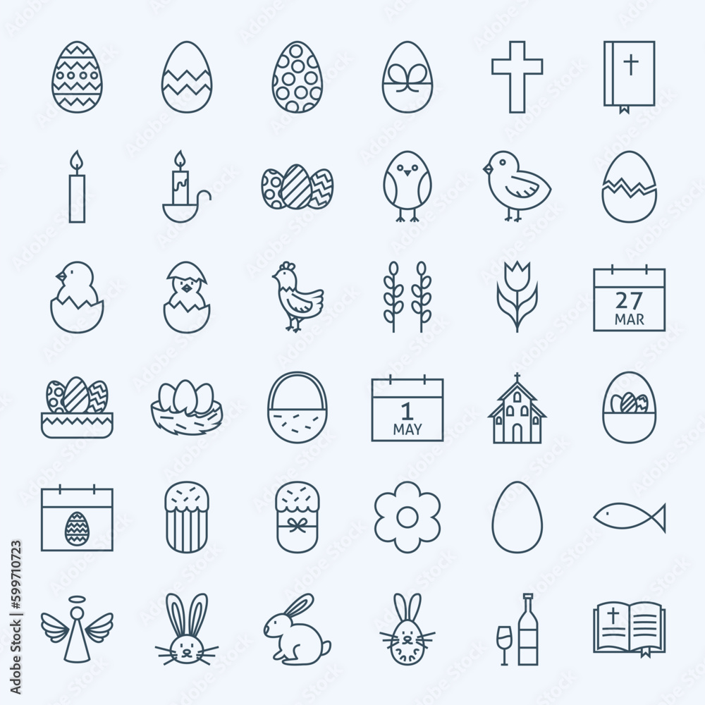 Line Happy Easter Holiday Icons Set. Vector Set of Modern Thin Outline Icons for Website and Mobile. Line Happy Easter Holiday Icons Set. Vector Set of Modern Thin Outline Icons for Website and Mobile.