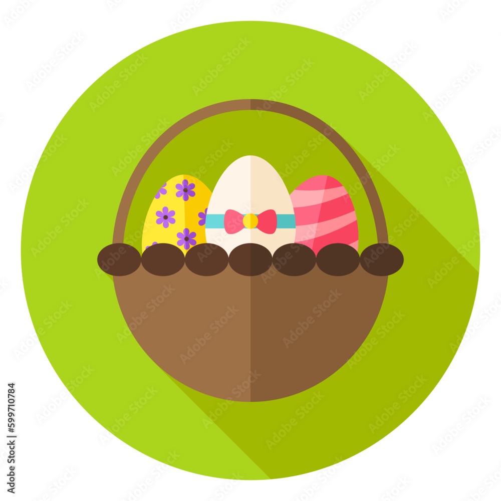 Spring Basket with Easter Eggs Circle Icon. Flat Design Vector Illustration with Long Shadow. Spring Christian Holiday Symbol. Spring Basket with Easter Eggs Circle Icon. Flat Design Vector Illustration with Long Shadow. Spring Christian Holiday Symbol.