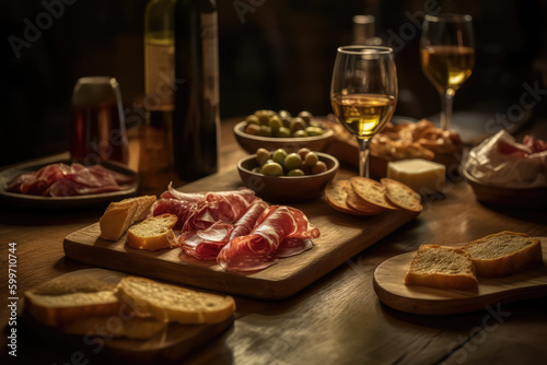Flavors of Spain: Indulge in a Traditional Assortment of Tapas featuring Chorizo, Jamon, and Olives. AI Generative