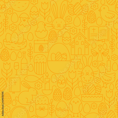 Thin Happy Easter Line Seamless Yellow Pattern. Vector Website Design and Seamless Background in Trendy Modern Outline Style. Spring Holiday.