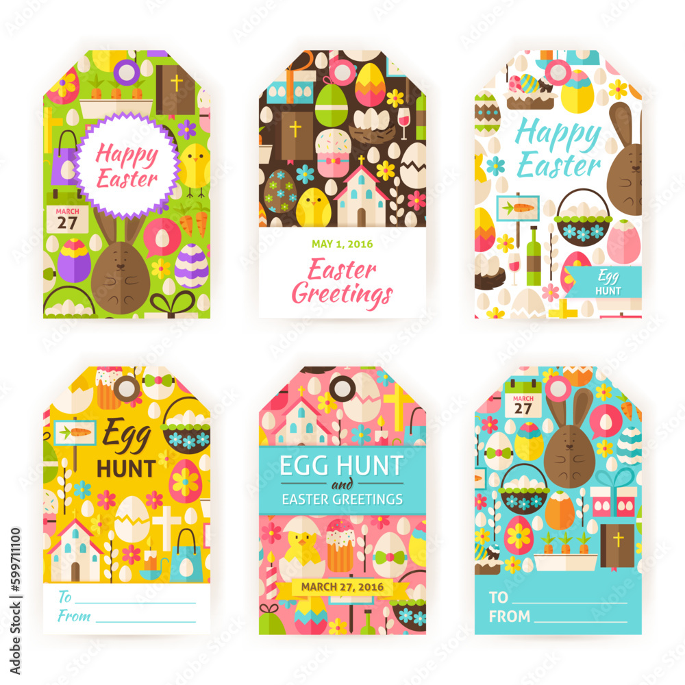 Happy Easter Gift Tag Template Set. Flat Vector Illustration of spring Christian labels. Printable Holiday colorful badge design.