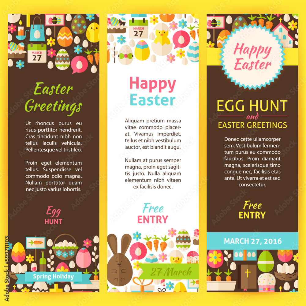 Fototapeta premium Happy Easter Party Invitation Flyer Set. Flat Design Vector Illustration of Brand Identity for Spring Christian Holiday Promotion. Colorful Pattern for Advertising.