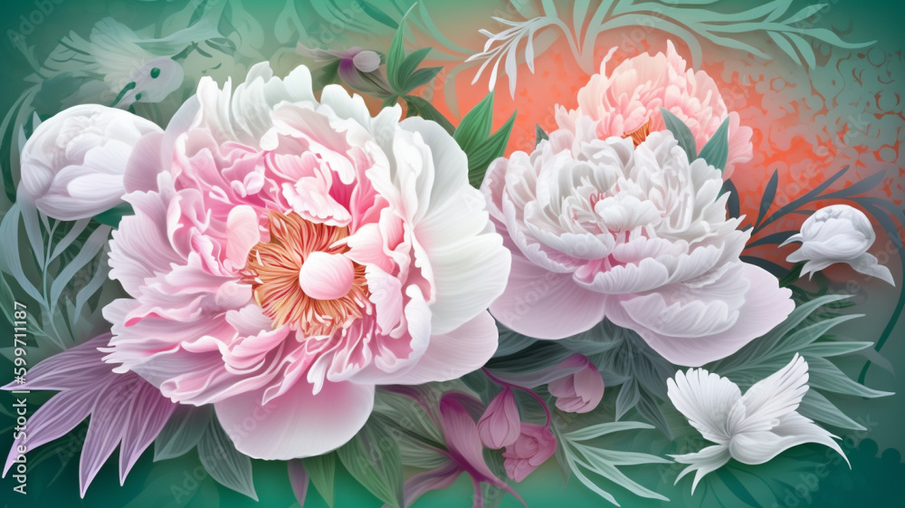 Flowers pink peony frame on white background. Top view with copy space, seasonal sprig summer time concept, 8 march, woman, easter, mother day, birthday, wedding banner, Generative AI