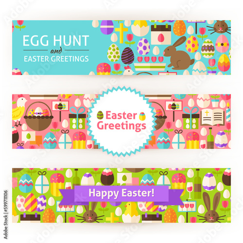 Happy Easter Template Banners Set Modern.  Flat Design Vector Illustration of Brand Identity for Spring Promotion. Religious Holiday Colorful Pattern for Advertising.