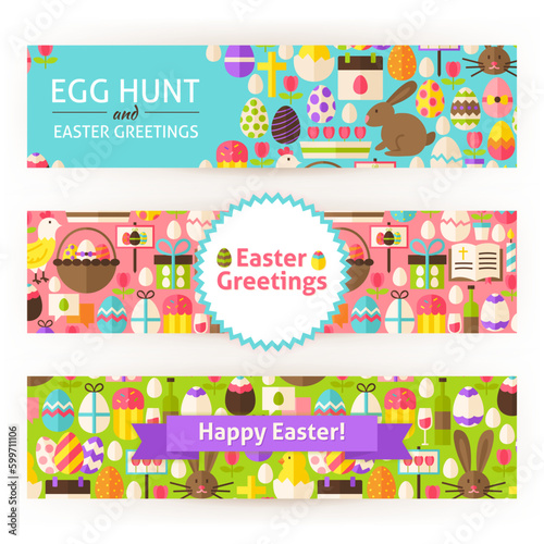 Happy Easter Template Banners Set Modern. Flat Design Vector Illustration of Brand Identity for Spring Promotion. Religious Holiday Colorful Pattern for Advertising.