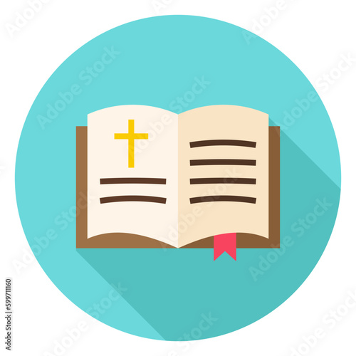Open Bible Book with Bookmark and Cross Circle Icon. Flat Design Vector Illustration with Long Shadow. Christian Book Symbol.
