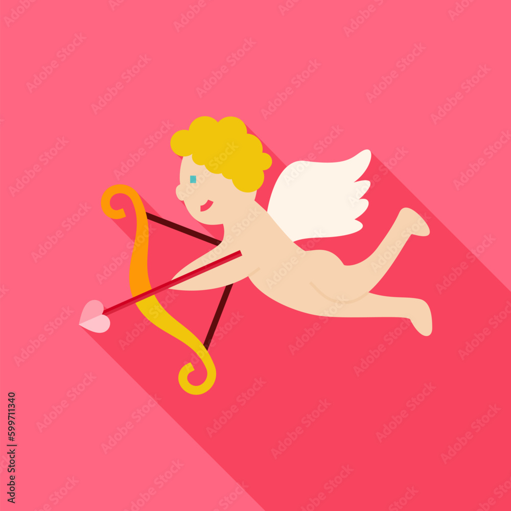 Amour Cupid Boy with Bow and Love Arrow Icon. Flat Design Vector Illustration with Long Shadow. Happy Valentine Day and Love Symbol.