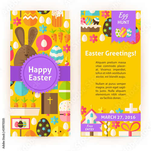 Vertical Flyers for Happy Easter. Flat Style Design Vector Illustration of Brand Identity for Spring Promotion. Colorful Pattern for Christian Holiday Advertising.