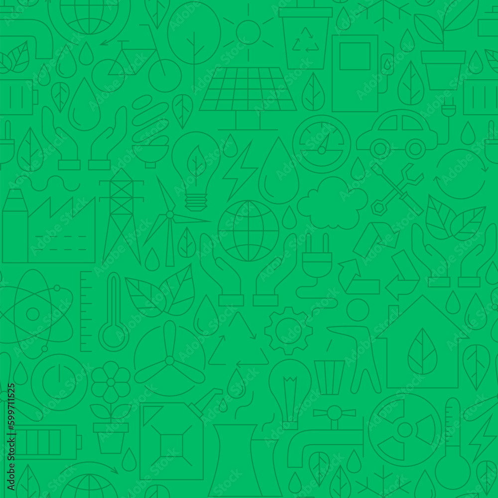 Thin Line Green Power Eco Seamless Pattern. Vector Website Design and Tile Background in Trendy Modern Outline Style. Environment and Ecology.
