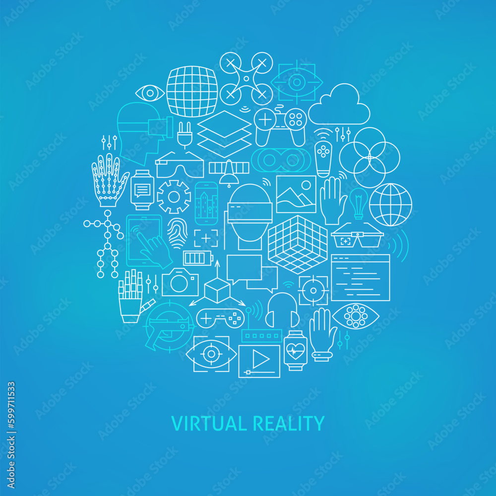 Thin Line Virtual Reality Icons Set Circle Concept. Vector Illustration of Technology Modern Augmented Reality Gadgets over Blue Blurred Background.