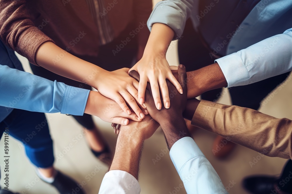 Closeup shot of a group of unrecognizable business people joining their hands together in a huddle Closeup shot of a group of unrecognizable business people joining their hands together in a huddle