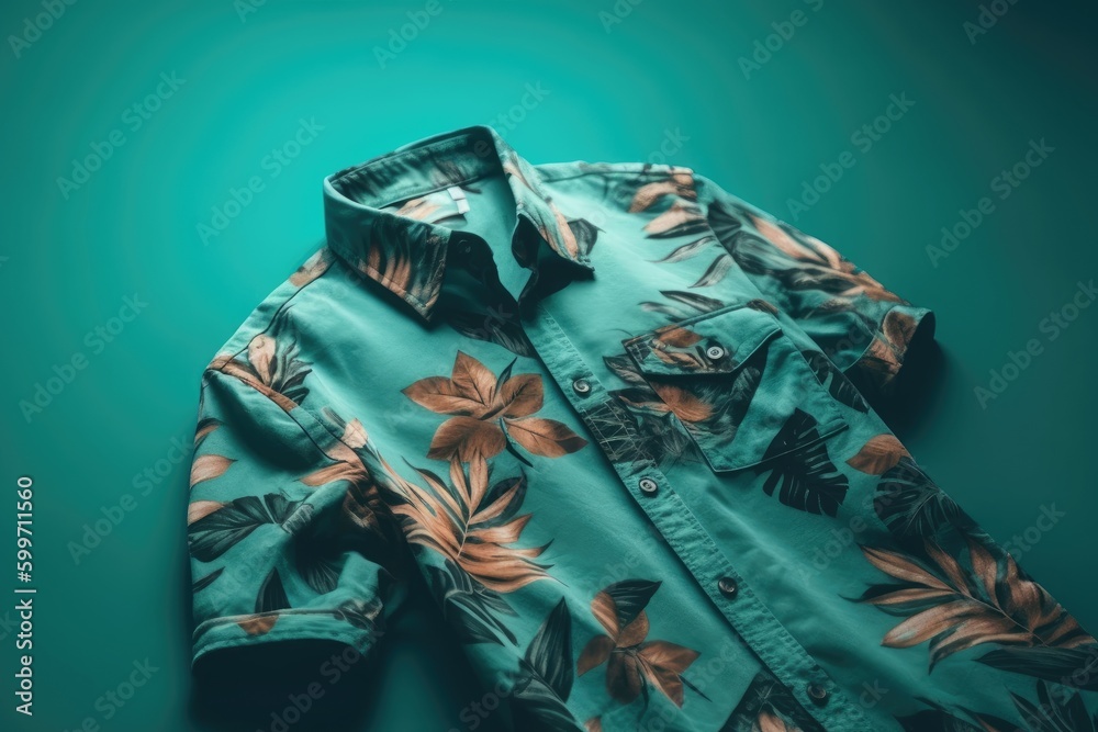 A top view of a summer outfit on a background with the possibility of copying, a beach outfit, an illustration of a tropical shirt on a background of fern branches. generative ai A top view of a summer outfit on a background with the possibility of copying, a beach outfit, an illustration of a tropical shirt on a background of fern branches. generative ai