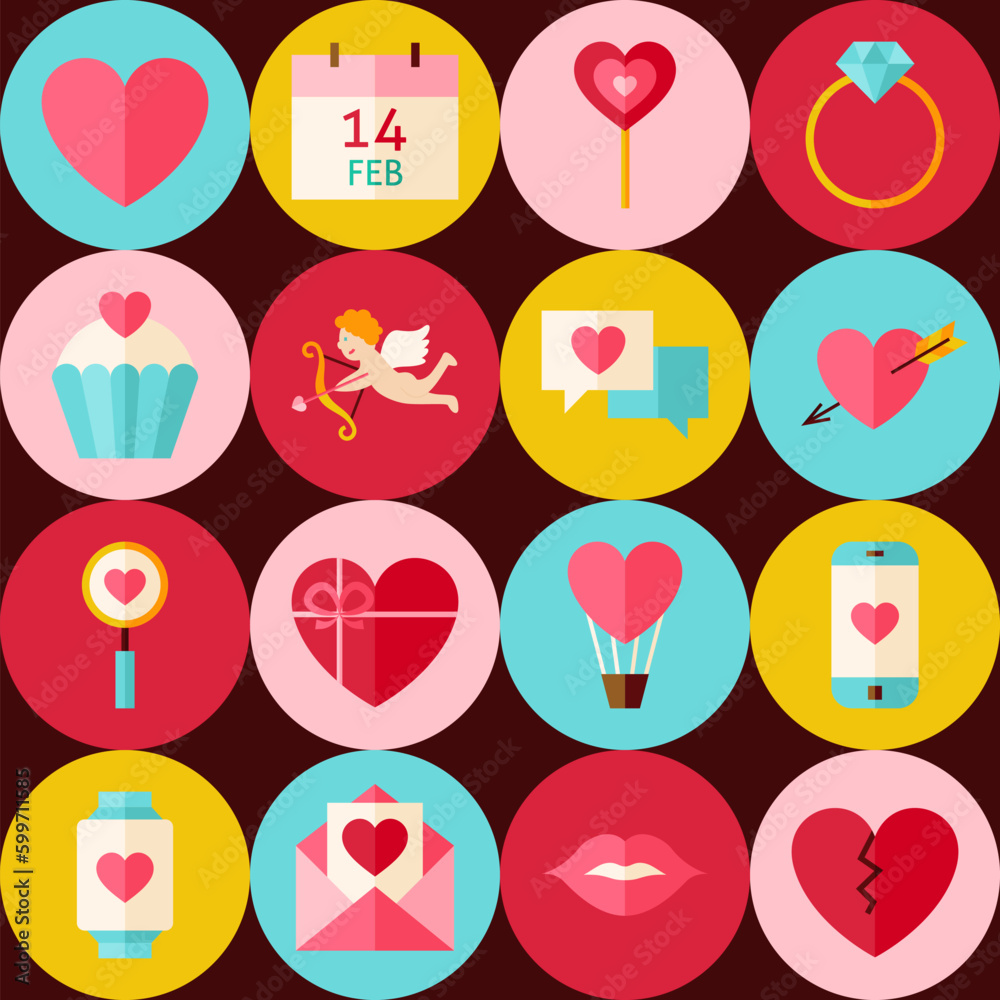 Brown Valentine Day Seamless Pattern with Circles. Love Flat Design Vector Illustration. Background. Set of Wedding Items.