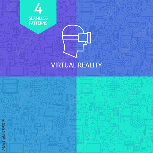 Thin Line Art Virtual Reality Pattern Set. Four Vector Website Design and Seamless Background in Trendy Modern Outline Style. Augmented Reality Technology.