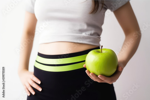 Healthy Body, Balanced Lifestyle. Wellness journey of a very skinny woman, showcasing her toned belly while holding an apple on a white background. Copy space. Fitness and nutrition AI Generative