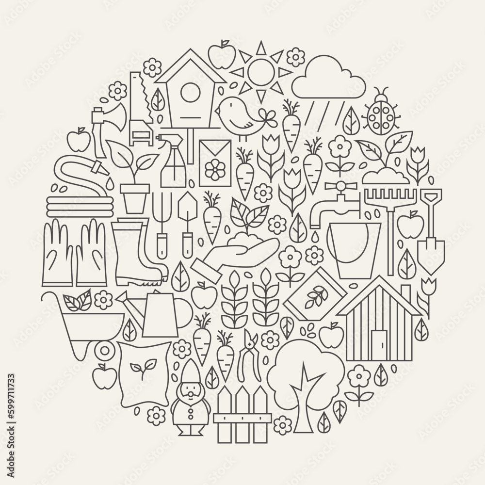 Garden and Flowers Line Icons Set Circle Shape. Vector Illustration of Modern Nature and Spring Objects.